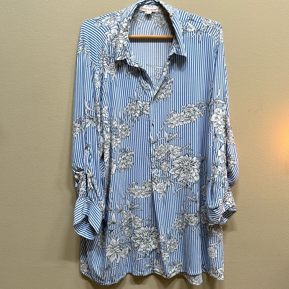 Grand & Greene Striped Flower Button Down Metal ball Detail